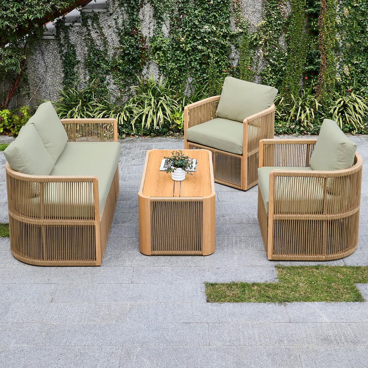 DAYARUS 4 Piece Patio Furniture Set, Aluminum Patio Conversation Set, Rope Rattan Patio Sectional Sofa, All Weather Outdoor Sofa Couch with Coffee Table and Cushions for Lawn/Backyard/Deck, Green DAYARUS