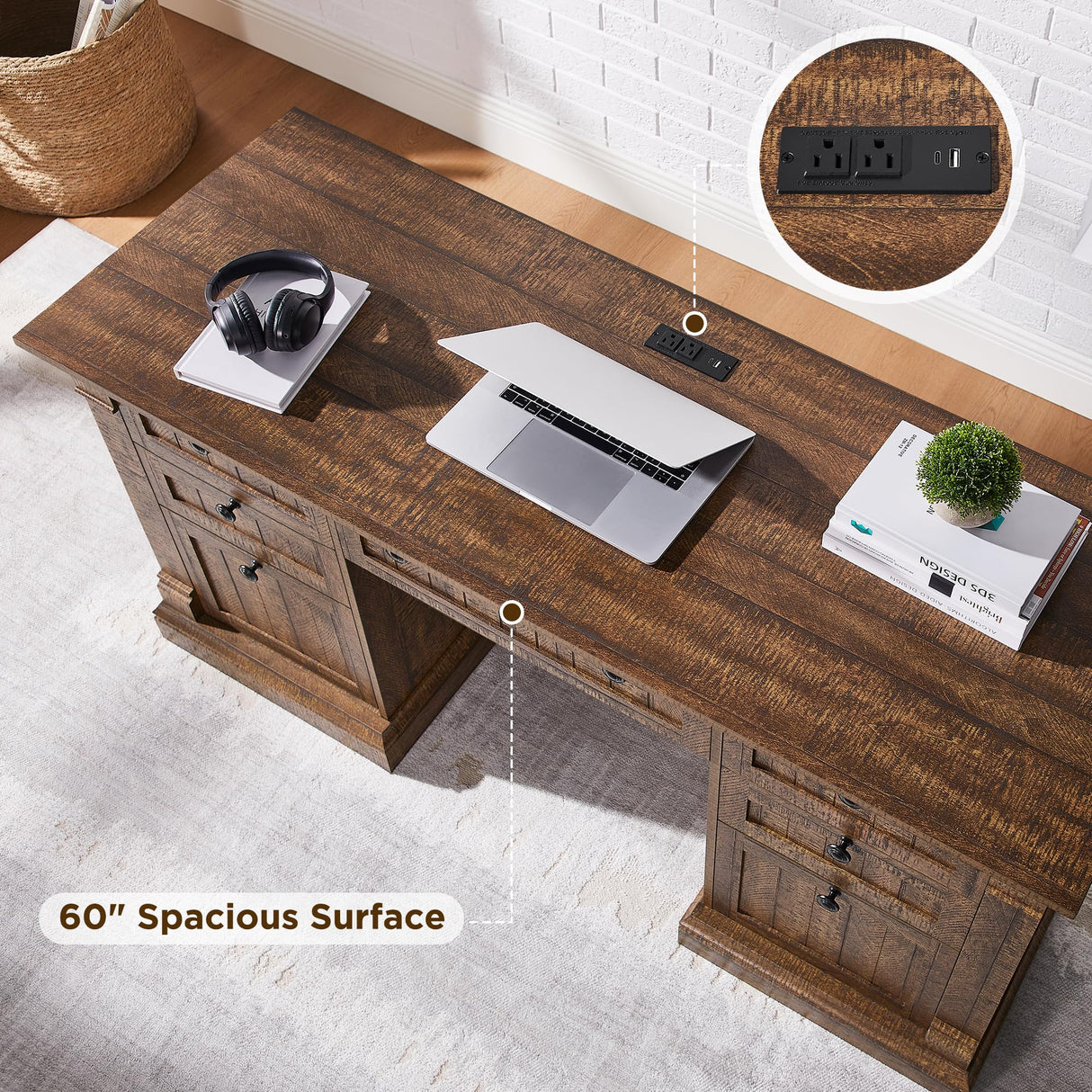 OKD 60" Executive Desk with Drawers, Farmhouse Home Office Desk with Charging Station, Keyboard Tray, File Cabinet Storage, Wood Computer Desk for Work and Study, Reclaimed Barnwood OKD