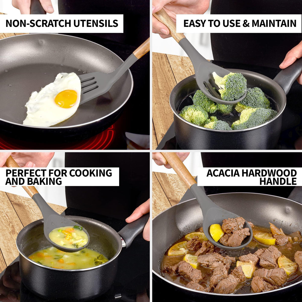 Zulay Kitchen Utensils Set Non-Stick Silicone Cooking Utensils Set with Authentic Acacia Wood Handles - 5 Piece Silicone Utensil Set - Silicone Kitchen Utensils Set with 464°F Heat Resistance - Gray Zulay Kitchen