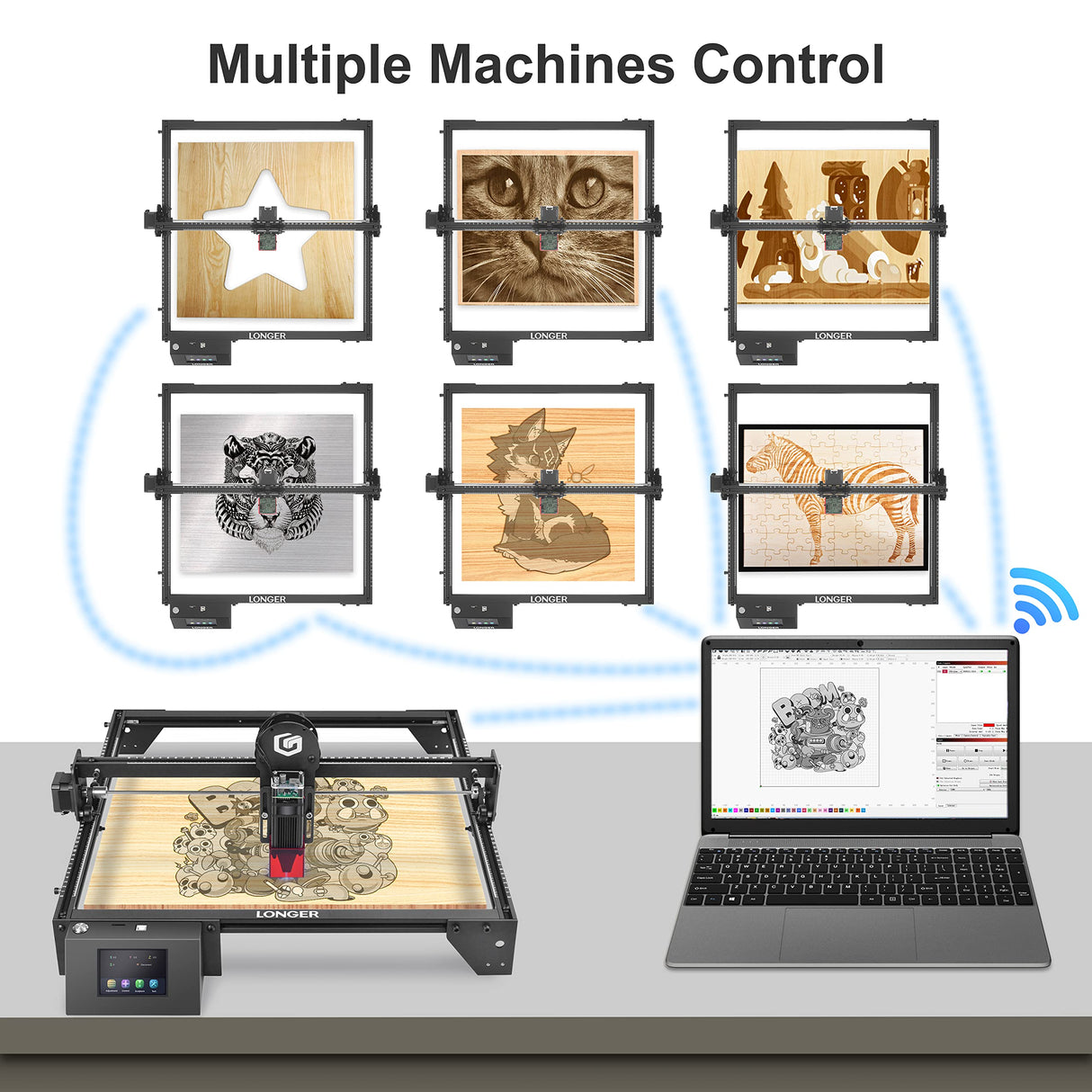 Longer RAY5 60W High Accuracy Cutting and Engraving, 10W Laser Engraver 0.06 * 0.06mm Spot, 3.5" Touch Screen, Multiple Machines Control, DIY Marking for Wood and Metal 15.7"x15.7" Longer