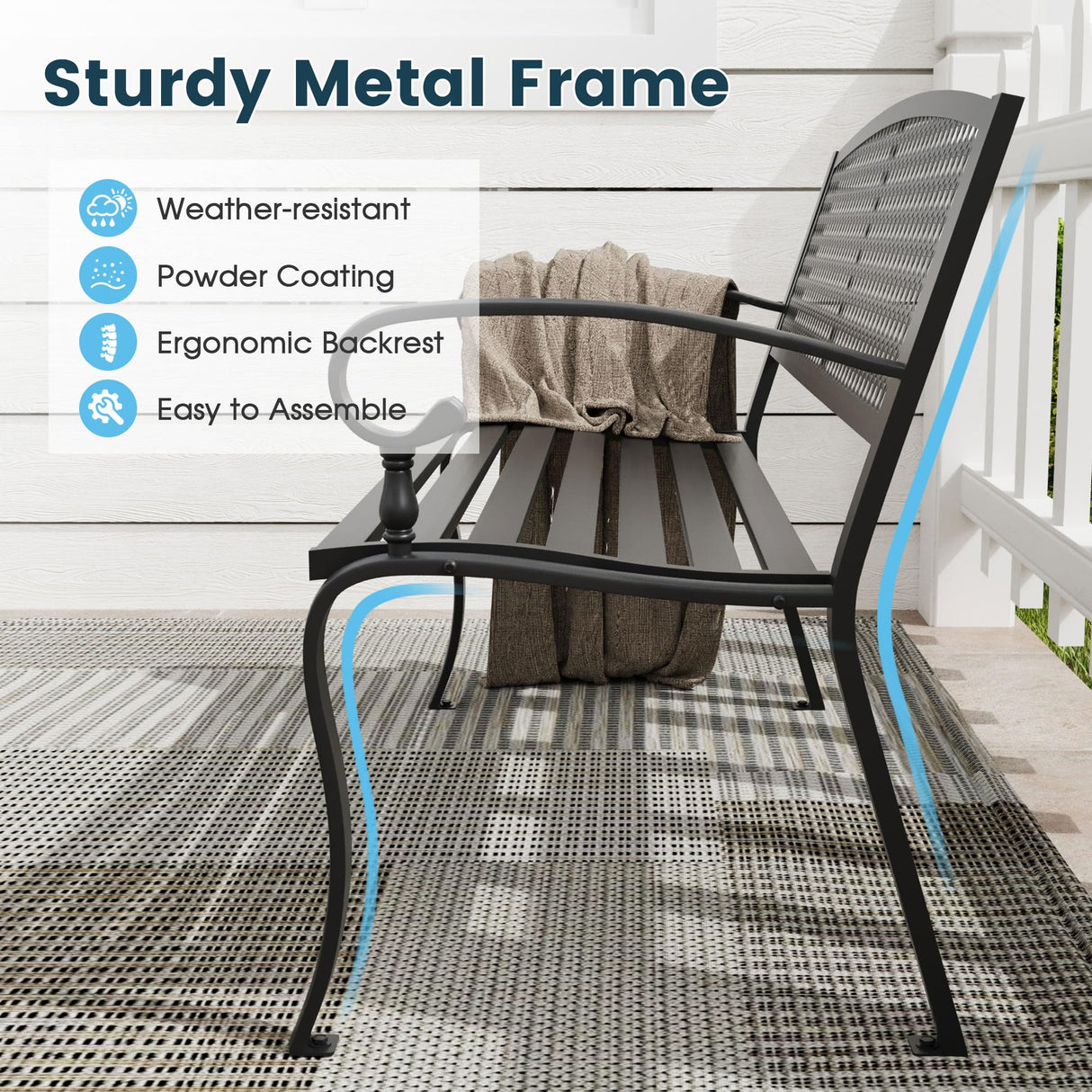 VOXBIN Outdoor Bench, 50 inches Metal Garden Bench, Cast Iron Steel Frame Patio Chairs w/Twist Circle Pattern Backrest for Park, Yard, Porch, Lawn, Balcony, Backyard, Black VOXBIN