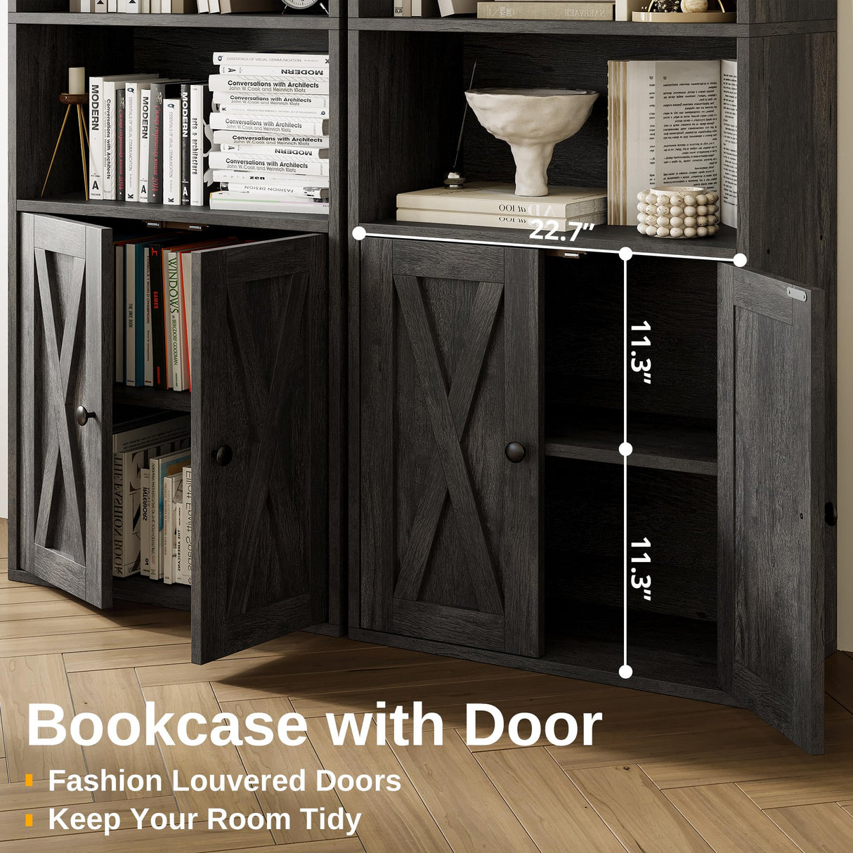 IRONCK Industrial Bookshelves and Bookcases with Doors 11.8 in Depth Set of 2 Floor Standing 5 Shelf Display Storage Shelves Bookcase Home Decor Furniture for Home, Office, Living Room, Bedroom IRONCK