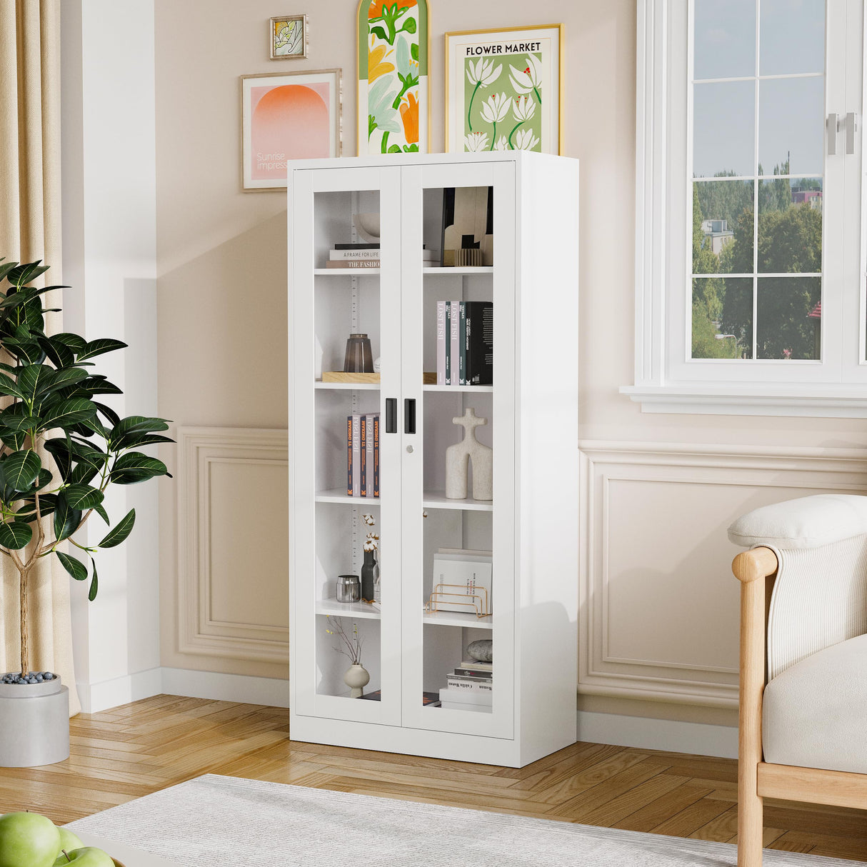 PEUKC Display Cabinet-71 Inches 4 Adjustable Shelves Curio Cabinets with Locking Glass Doors Display Case for Collectibles, Cosmetics, Hydroponics, Books (White,Assemble Required) PEUKC