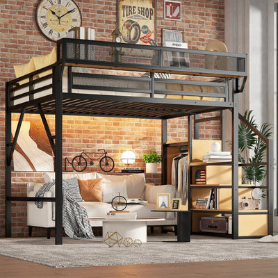 MoproBeti Queen Size Loft Bed Frame for Adults,Metal Lofts Bed Queen with Stairs & Storage Shelves, Heavy Duty High LoftBed with Wardrobe for Teens,Girls Boys, No Box Spring Needed, No Noise, Black