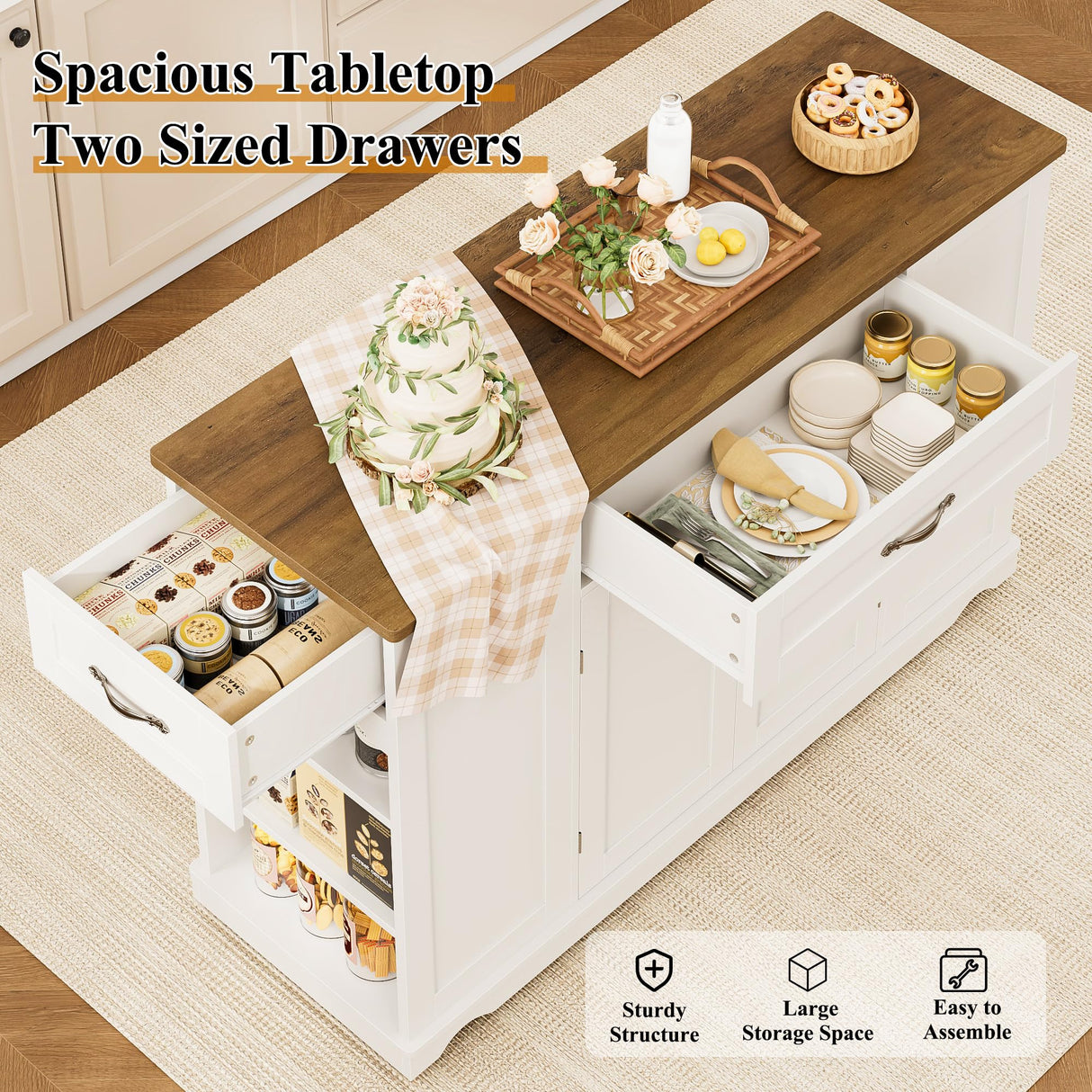 HOSTACK Kitchen Island Cart with Storage, 47'' Kitchen Storage Island on Wheels with 2 Drawers, Rolling Island Table with Adjustable Shelves, Mobile Buffet Sideboard Cabinet for Dining Room, White HOSTACK