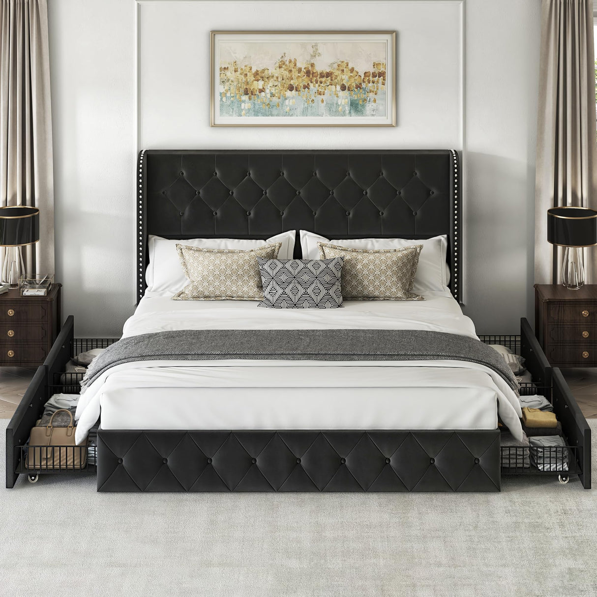 LARMACE Velvet Black King Size Bed Frame with 4 Storage Drawers and Tufted Wingback Headboard LARMACE