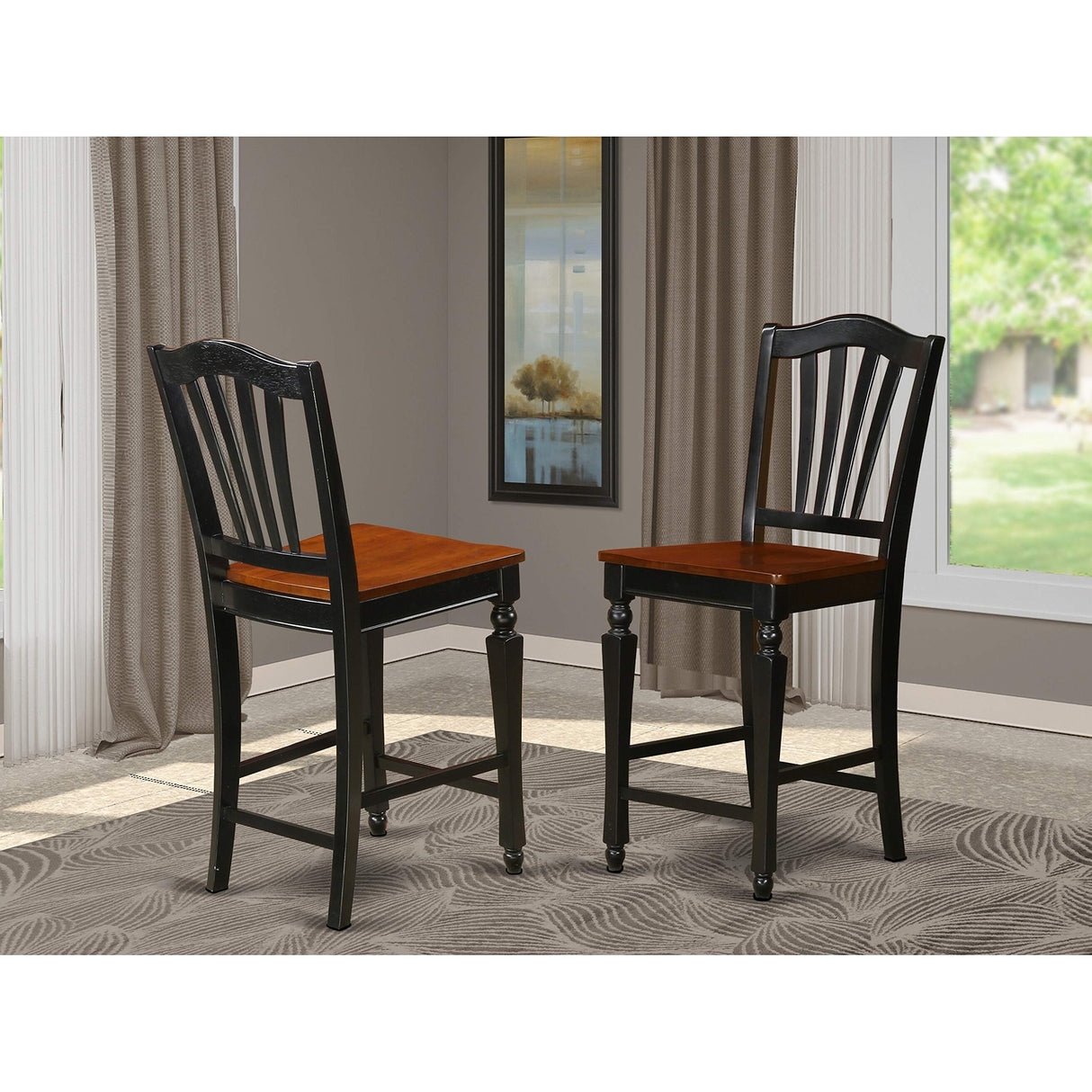 East West Furniture CHS-BLK-LC Chelsea Counter Dining Chairs - Faux Leather Upholstered Solid Wood Chairs, Set of 2, Black East West Furniture