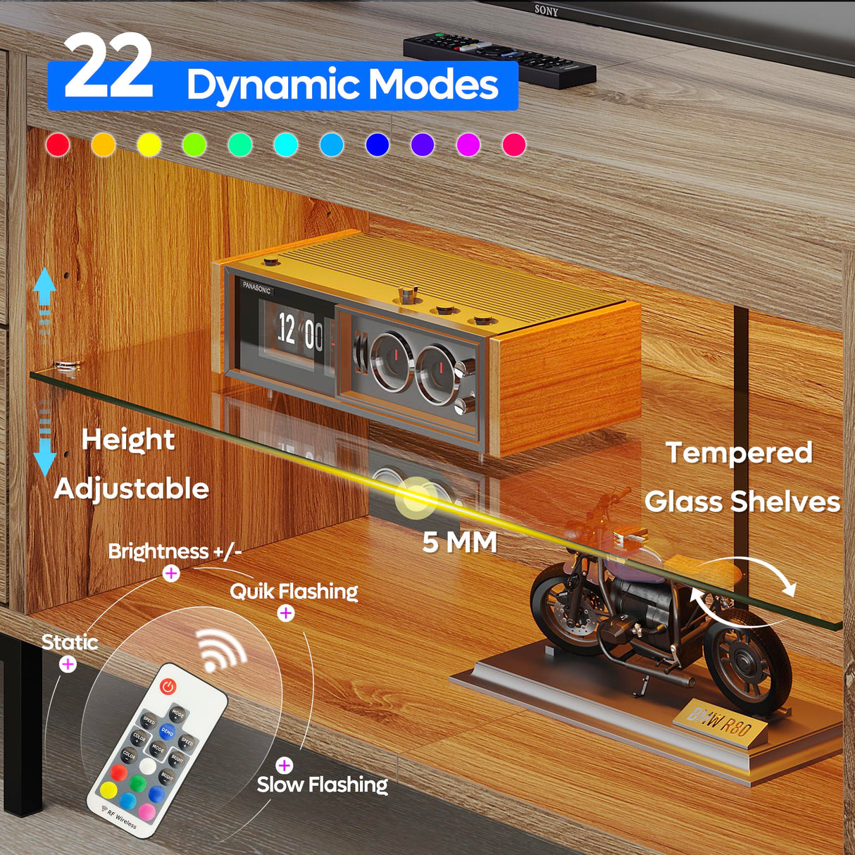 Bestier TV Stand for 75/80/85 inch TV, LED Gaming Entertainment Center, Modern TV Cabinet with Glass Shelves for Living Room, Media Console with 2 Storage Drawers & Cabinets for Bedroom, Pinewood Bestier