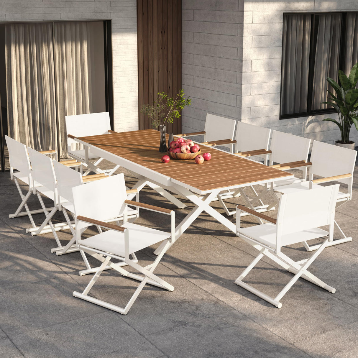 Grand patio 11-Piece Outdoor Dining Set, 10 Extra-Wide Folding Chairs & 1 Rectangle Expandable Table for 6-8 Person, Sling Mesh Patio Chairs with Wood Grain Table for Yard, Poolside, Deck, Apricot Grand patio