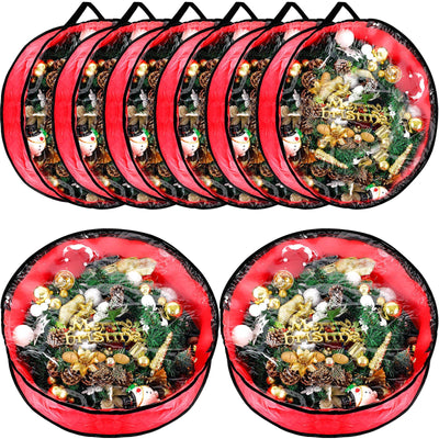 Dunzy 8 Pieces Wreath Container Christmas Wreath Storage Bag Garland Tear Resistant Fabric Round Boxes with Clear Window for Storage for Xmas Holiday Ornament(24×24×7.8 Inch,Red)