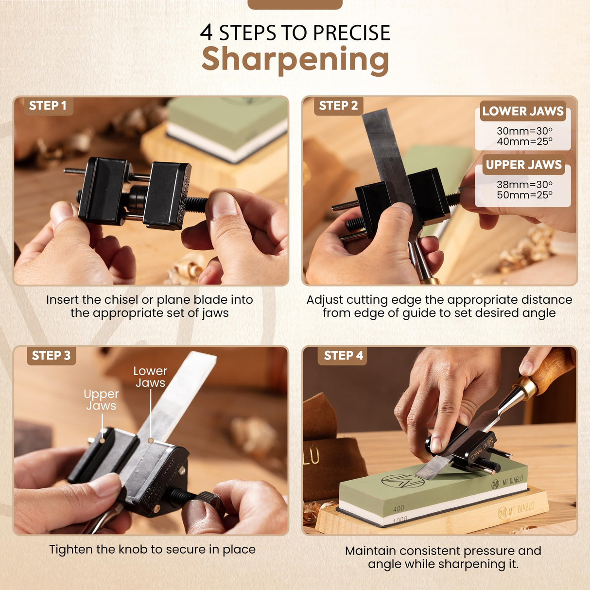 Mt Diablo Chisel Sharpening Kit - Precision Honing Guide for 1/4" to 2" Chisels & 1-3/8" to 3-1/8" Plane Irons, Sharpening Jig With Stainless Steel Rollers, Rust Resistant Cast Aluminum Design Mt Diablo