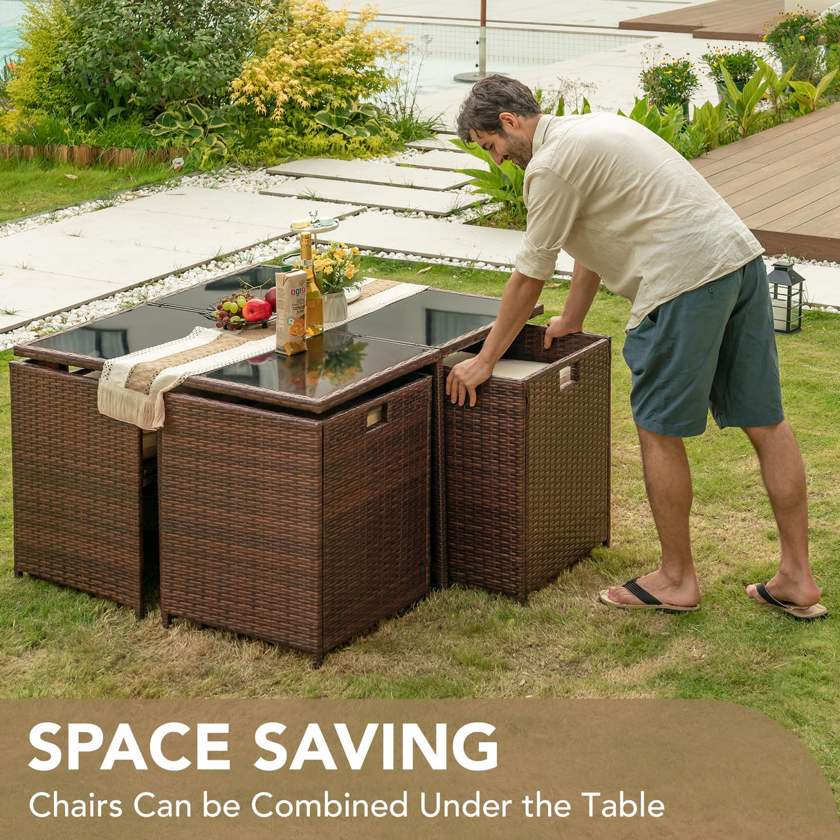 Devoko 9 Pieces Patio Dining Sets Outdoor Space Saving Rattan Chairs with Glass Table Patio Furniture Sets Cushioned Seating and Back Sectional Conversation Set (Beige) Devoko