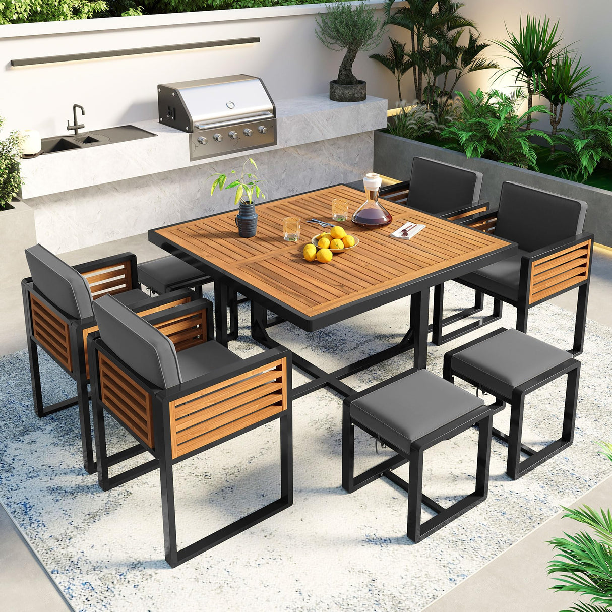 Merax 9 Pieces Outdoor Dining Set for 8 People, Acacia Wood Patio Furniture Sets with 1 Square Table, 4 Cushioned Chairs and 4 Ottomans for Backyard, Garden, Lawn, Poolside, Space Saving Design, Gray Merax