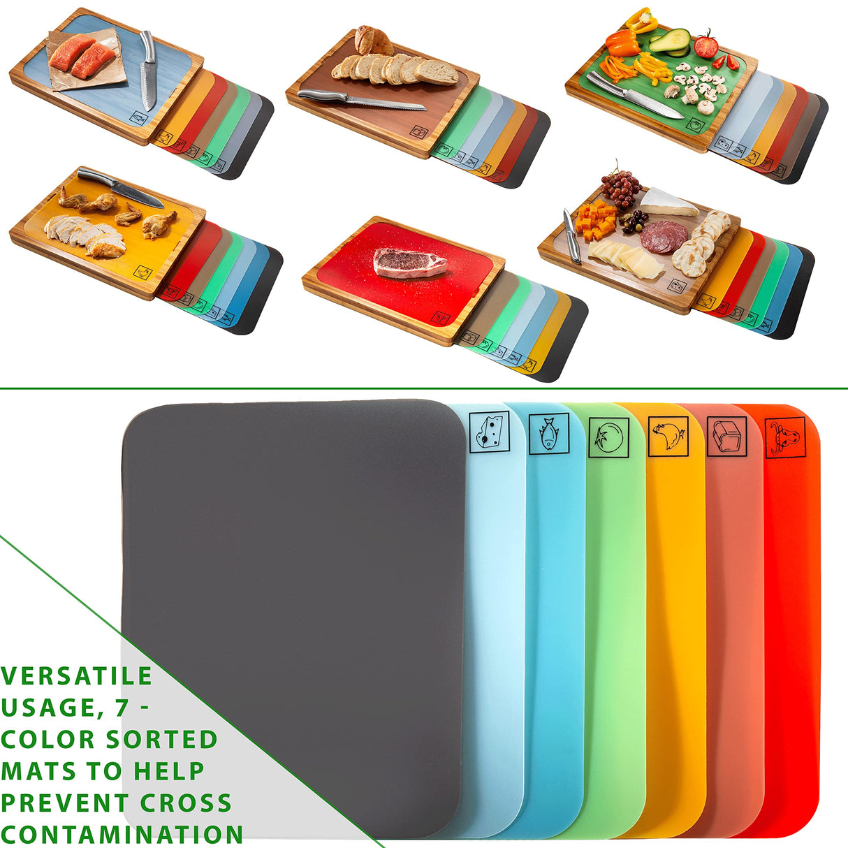 Seville Classics Bamboo Premium Wood Cutting Board Serving Tray w/ 7 Color-Coded BPA-Free Mats, for Chopping Bread, Cheese, Fruits, Vegetables, Meats, Charcuterie (PATENTED), Bamboo (NEW MODEL) Seville Classics