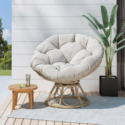 Rpuzonier Wicker Papasan Chair with 360-Degree Swivel Base, Papasan Lounge Chair with Soft Cushion and Sturdy Frame, Swivel Papasan Chair Circle Chair for Living Room, Bedroom, Reading Room