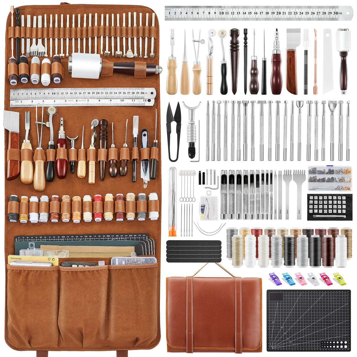 SAKERNEO Professional Leather Working Tools Kit with 52 Stamping Molds, Multi-Size Hole Punch Tool, Engraving/Cutting Mats & Rivet Accessories,Leather Crafting Kit for DIY, Repair & Stitching SAKERNEO
