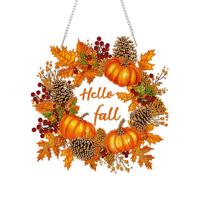 Eiflow Thanksgiving Diamond Art Hanging Kit for Adult Pumpkin Wreath, DIY Acrylic Diamonds Painting Ornament Double Sided Pendant Board Kit(Hello Fall)