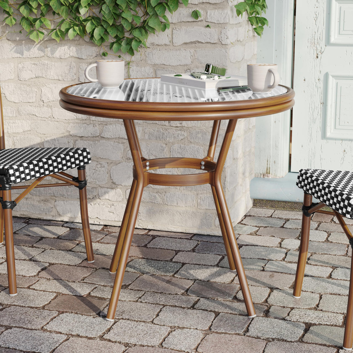 Flash Furniture Lourdes Indoor/Outdoor Commercial French Bistro Table, PE, Glass Top, Bamboo Print Aluminum, 31.5" Round, Black & White Rattan/Natural Frame Flash Furniture