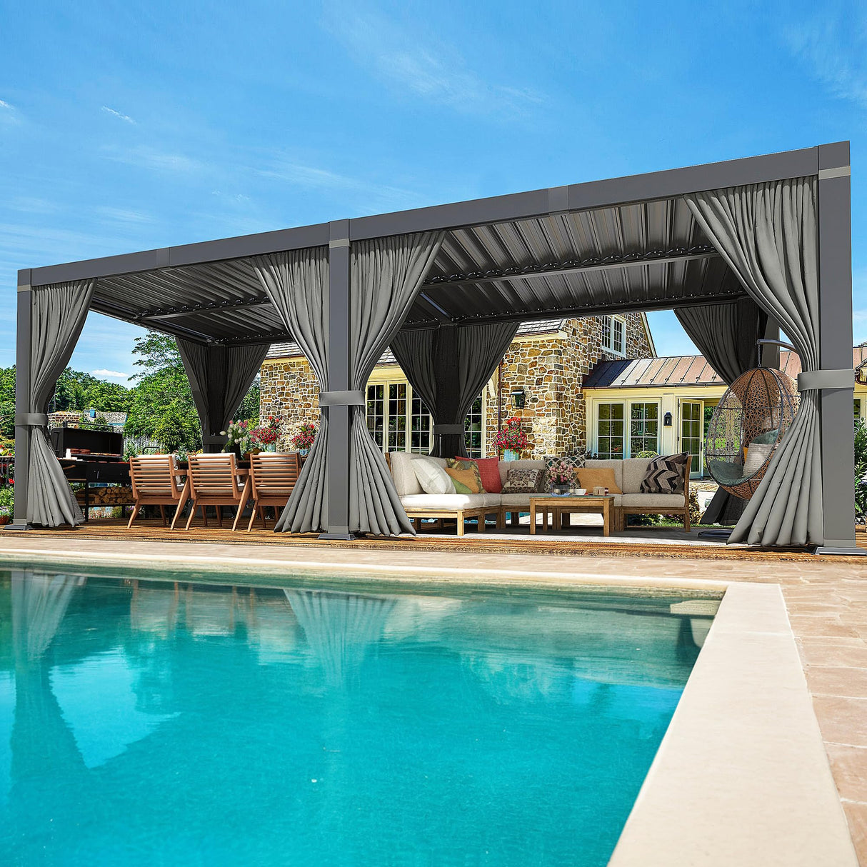 Airwire Pergola 10x20 Ft Louvered Pergola Aluminum Outdoor Pergolas W/Adjustable Roof, Waterproof Curtains and Nets Outdoor Gazebo for Deck,Patio,Backyard and Garden AirWire