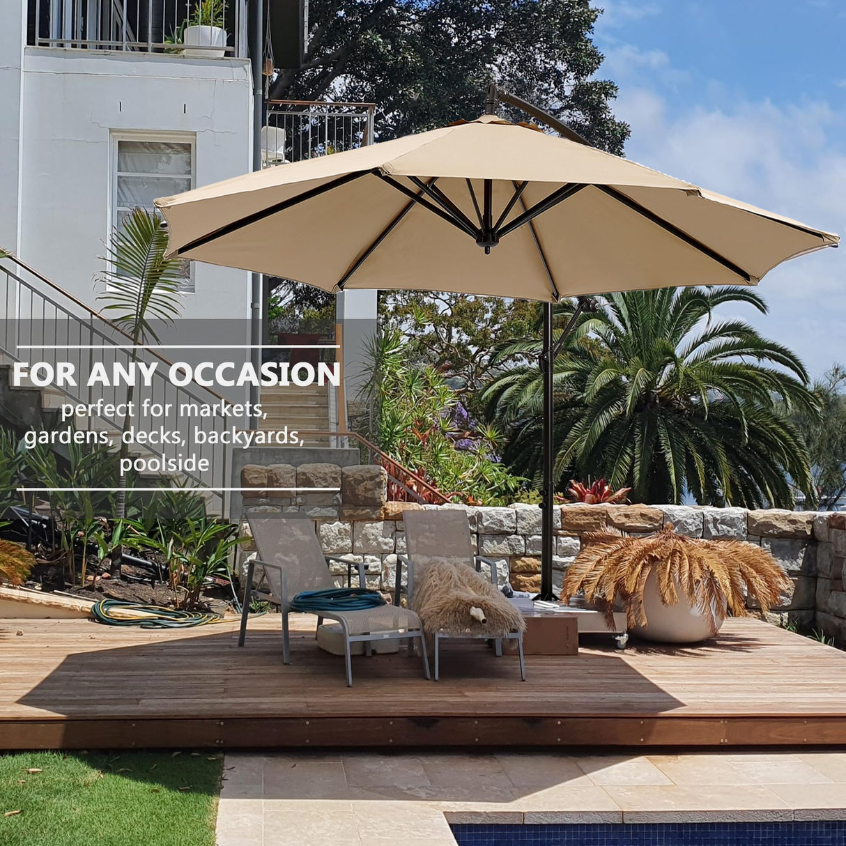 VECELO 10ft Offset Hanging Market Patio Umbrella with UV Protection Waterproof for Outdoor/Market/Backyard/Pool/Garden/Lawn, 8 Sturdy Ribs, Handy Crank&Cross Base (No Weight), Tan VECELO