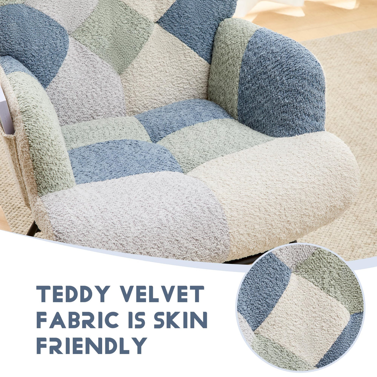 ETCZOYE Modern Nursery Rocking Chair, Teddy Upholstered Glider Rocker with Footrest, Comfortable Rocker Recliner with Side Pocket for Living Room, Bedroom, Office, Large Spliced Dark Blue ETCZOYE