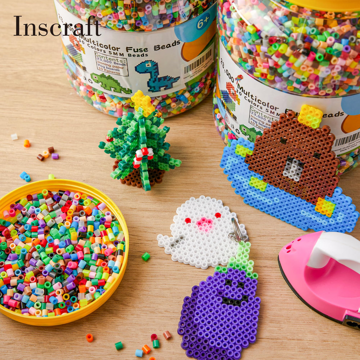 INSCRAFT 2 Buckets of Fuse Beads, 46,000 pcs 5mm Iron Beads for Kids Crafts, 30 Colors with 6 Pegboards, 10 Ironing Paper, 20 Patterns, Gifts for Birthday Christmas, Multicolor Refill Kit INSCRAFT
