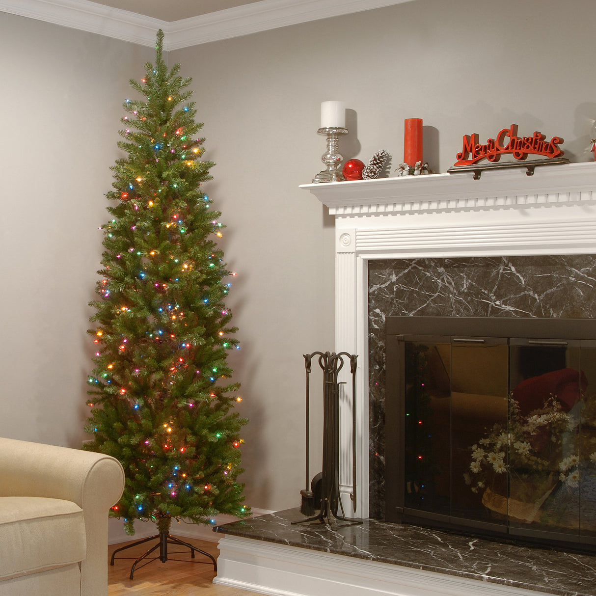 National Tree Company Artificial Pre-Lit Slim Christmas Tree, Green, Kingswood Fir, Multicolor Lights, Includes Stand, 6.5 Feet National Tree Company