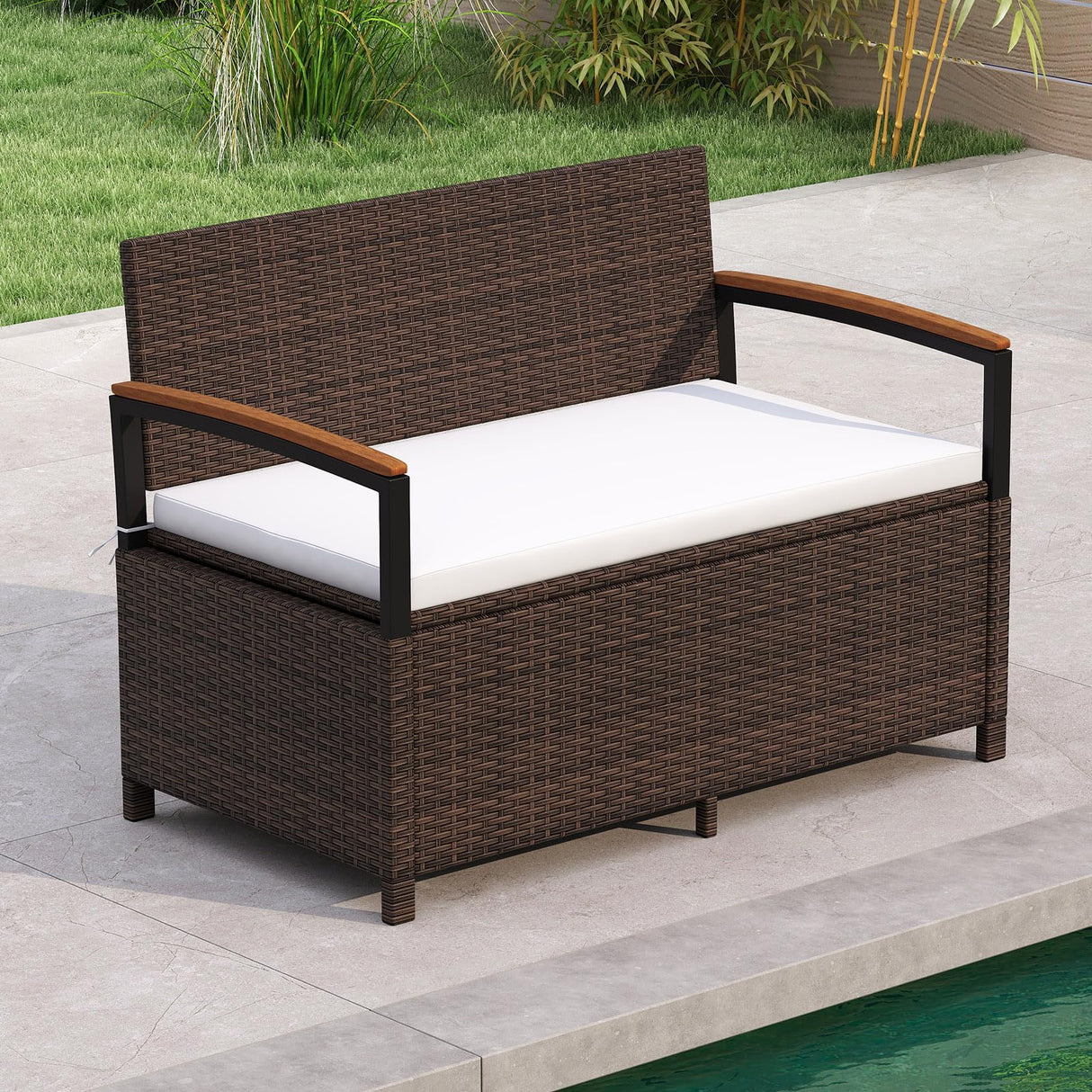 RELAX4LIFE Wicker Outdoor Storage Bench - Rattan Deck Box w/Protective Liner for Patio Furniture Pillows, Pool Supplies & Garden Tools, Porch Loveseat with Seat Cushion, Acacia Wood Armrests RELAX4LIFE