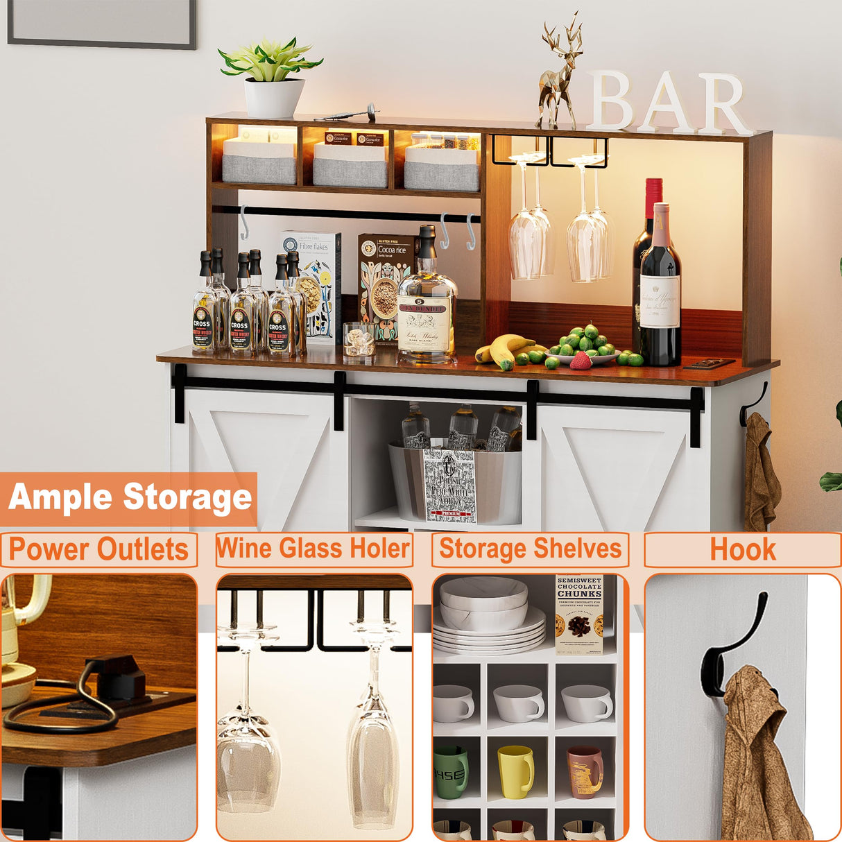 PAKASEPT Coffee Bar Cabinet with Adjustable 20-Color LED Lights and 6.5FT Outlet, Kitchen Buffet Storage Cabinet, 47'' Sideboard Buffet Cabinet with Sliding Barn Door, Adjustable Shelf and Wine Racks PAKASEPT