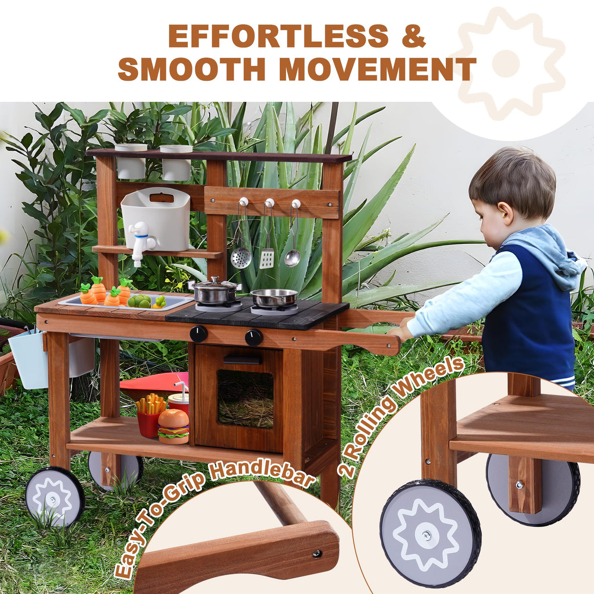 ROBUD Mud Kitchen for Kids Outdoor with Wheels, Wooden Outdoor Play Kitchen, Kids Mud Kitchen with Removable Sink & Faucet, Monteeori Toys for Children Ages 3+ Years, WG403 ROBUD