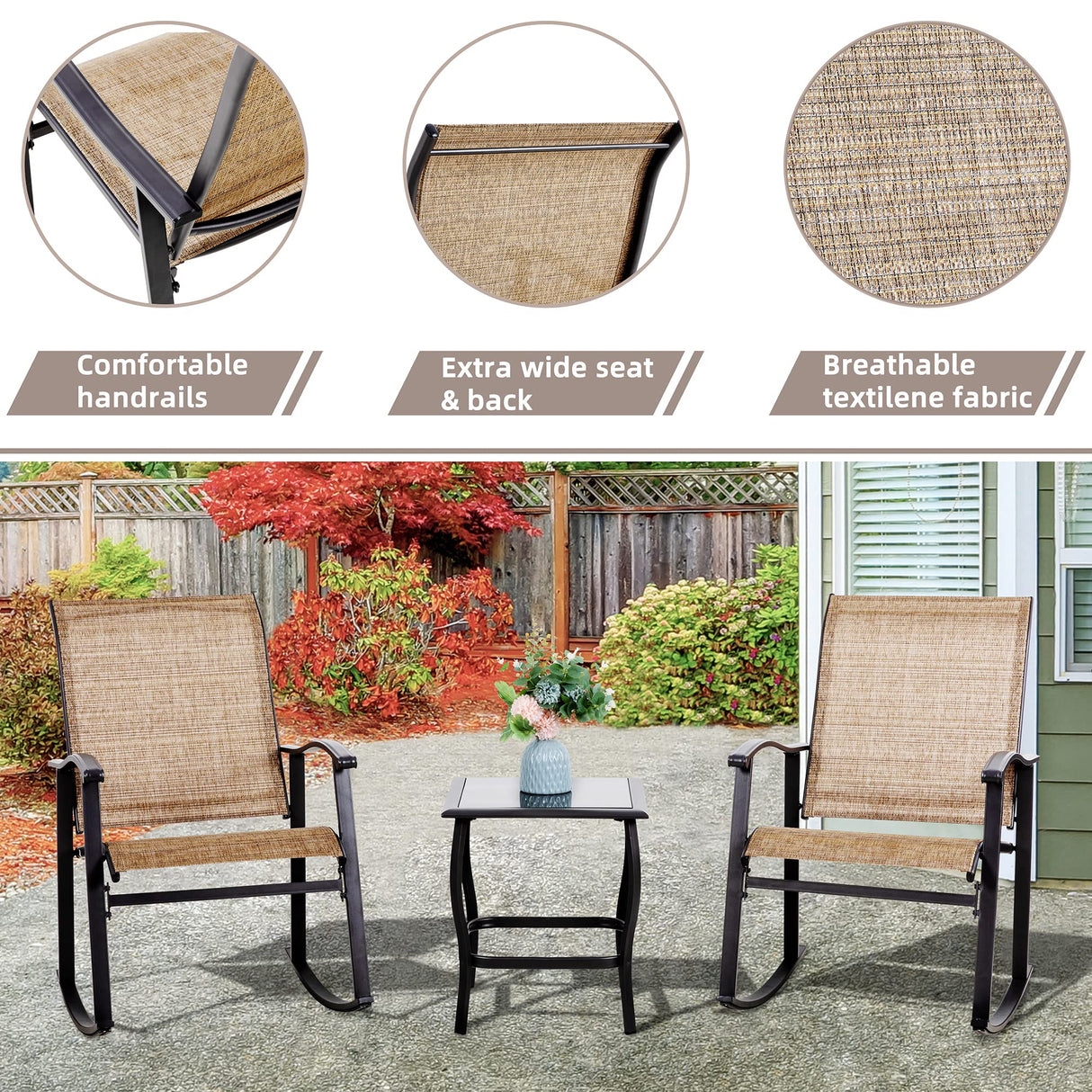 Vongrasig 3 Piece Outdoor Rocking Bistro Set, Textilene Fabric Small Patio Furniture Set, Front Porch Rocker Chairs Conversation Set with Glass Table for Lawn, Garden, Balcony, Poolside (Brown) Vongrasig