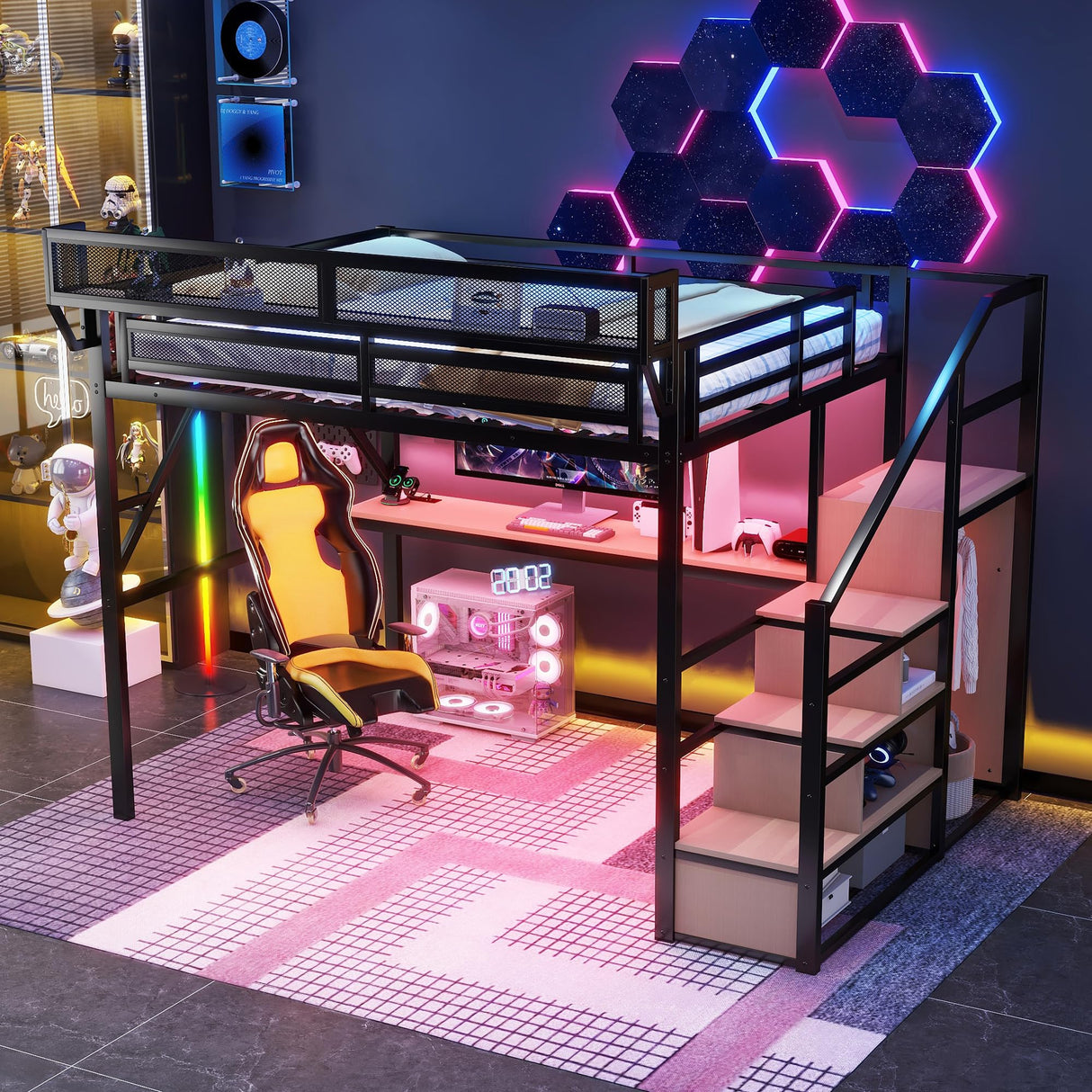 Mirightone Queen Size Loft Bed with Desk & Stairs, Heavy-Duty Metal Loft Beds with LED and Charging Station, High Loft Bed Frame with Wardrobe for Boys Girls and Teens, No Box Spring Needed (Black) Mirightone