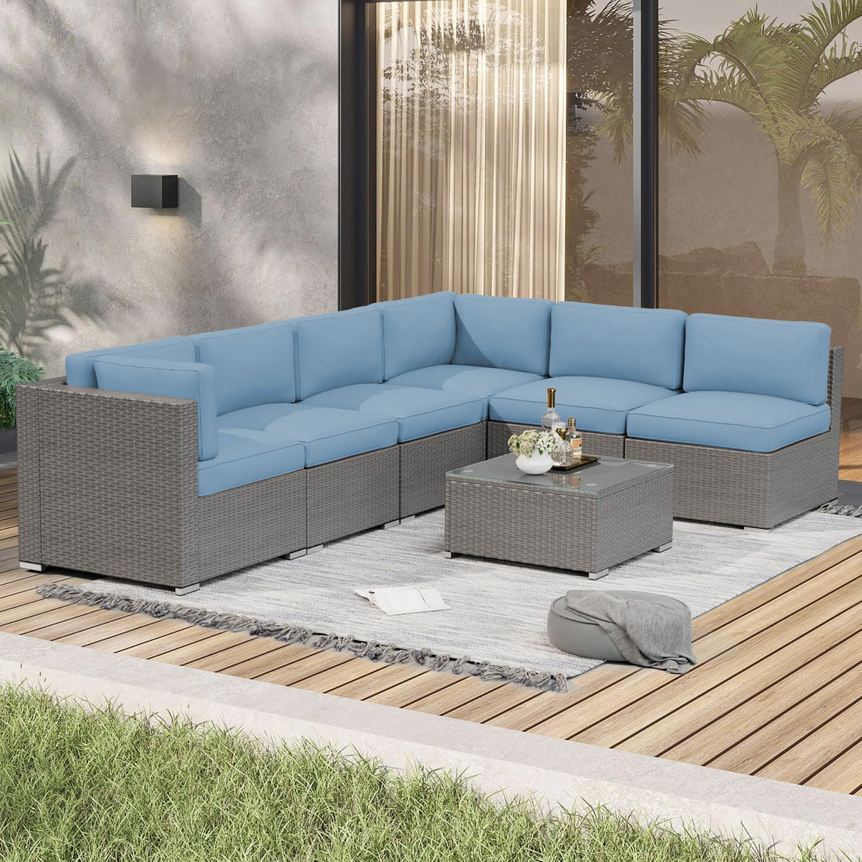Crownland 7-Pieces Outdoor Patio Furniture Sets, All-Weather Grey Wicker Rattan Sectional Sofa, Modern Glass Coffee Table and Washable Seat Cushion with YKK Zipper (Light Blue) Crownland