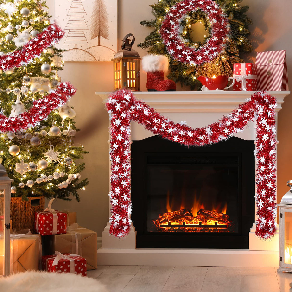 Sggvecsy 32.8Ft Christmas Snowflake Tinsel Garland Xmas Tree Decorations Red Christmas Metallic Twist Garland Ceiling Hanging Decorations for New Year Party Birthday Holiday Indoor Outdoor Supplies Sggvecsy