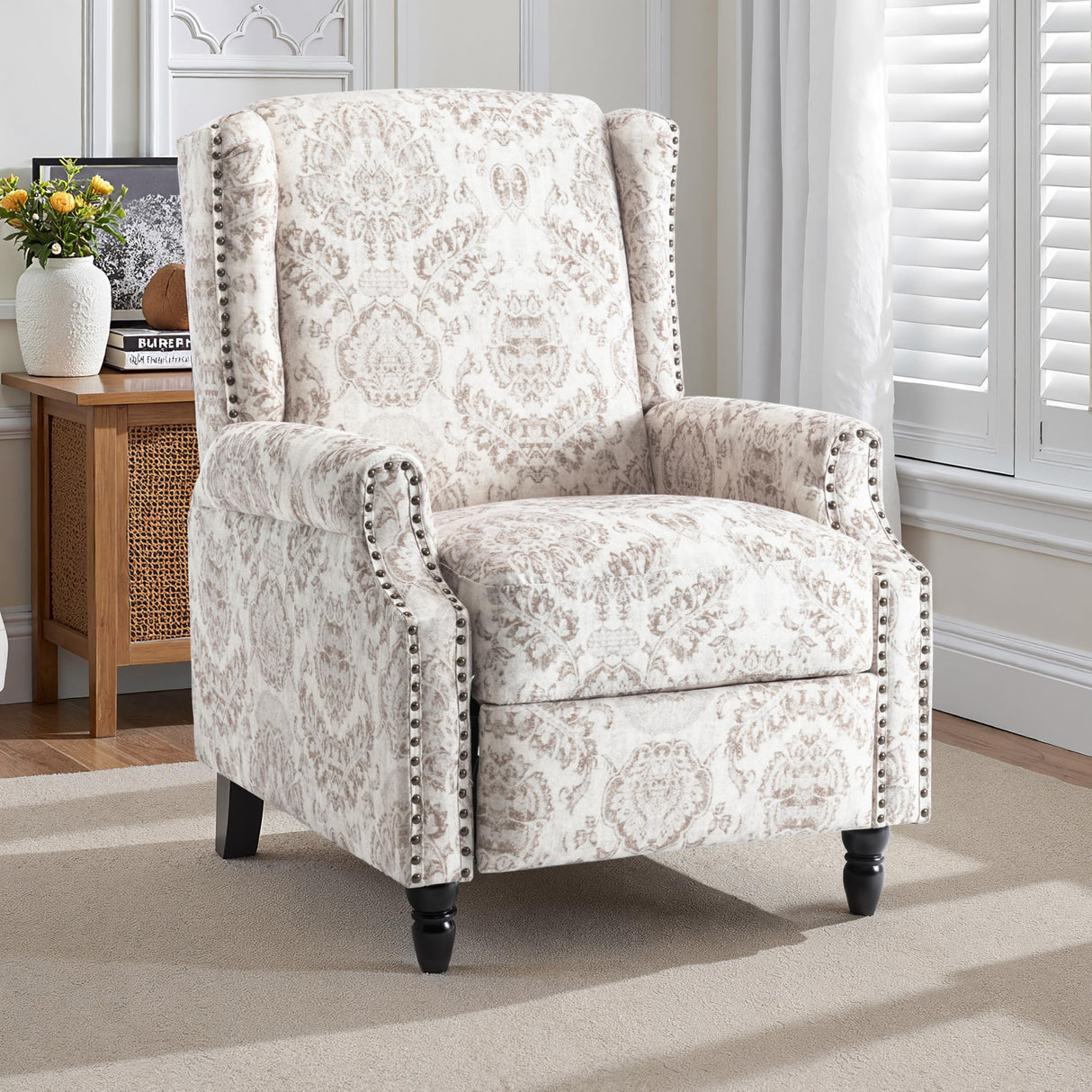 Pushback Recliner Chair, Floral Fabric Wingback Recliner Chair, Upholstered Armchair Push Back Recliner, Rivet Trim Single Sofa Accent Chair with Wood Legs for Living Room, Beige Lumibee