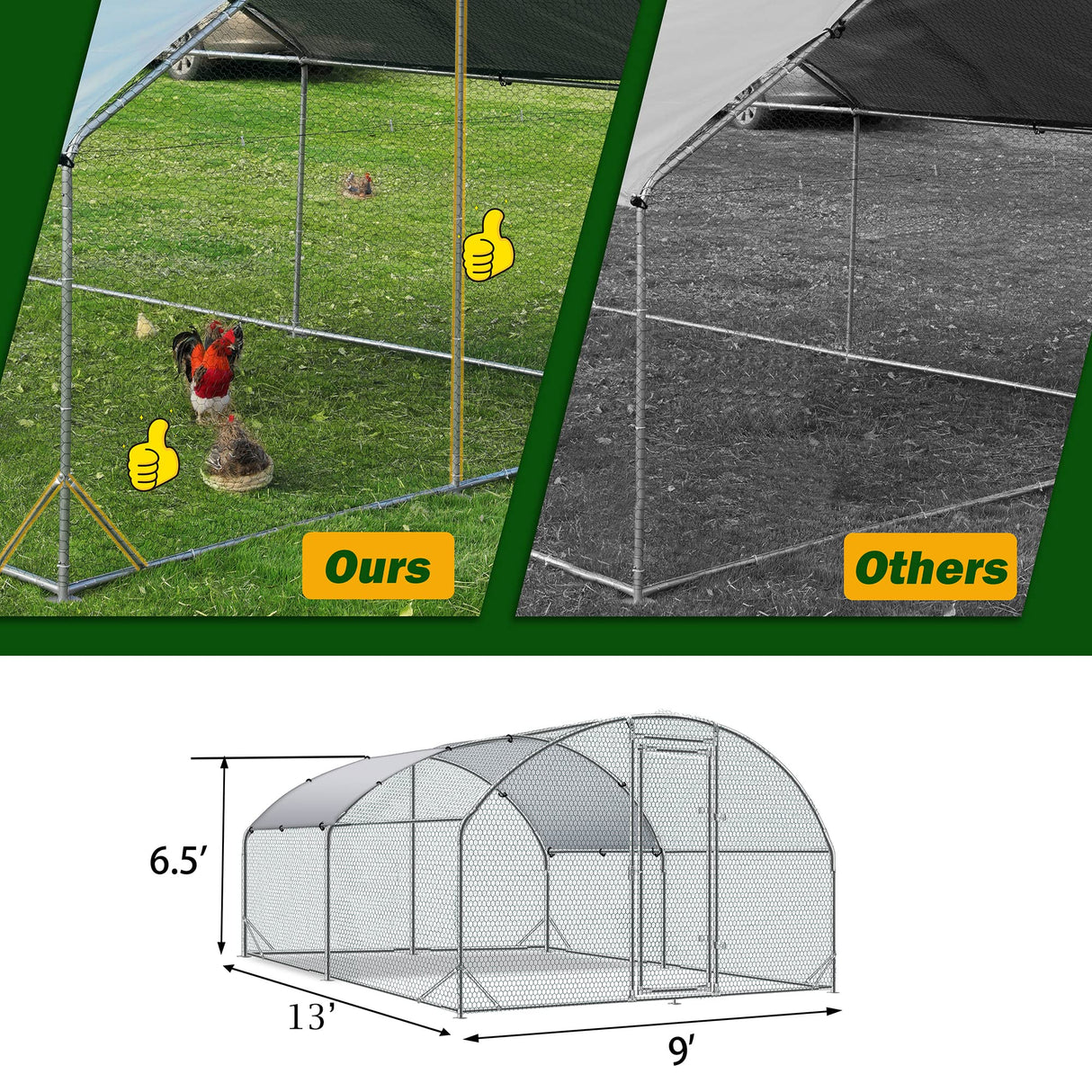Large Metal Chicken Coop Upgrade Tri-Supporting Wire Mesh Chicken Run,Chicken Pen with Water-Resident and Anti-UV Cover,Duck Rabbit House Outdoor(9'W x 13'L x 6.5'H) Betterhood