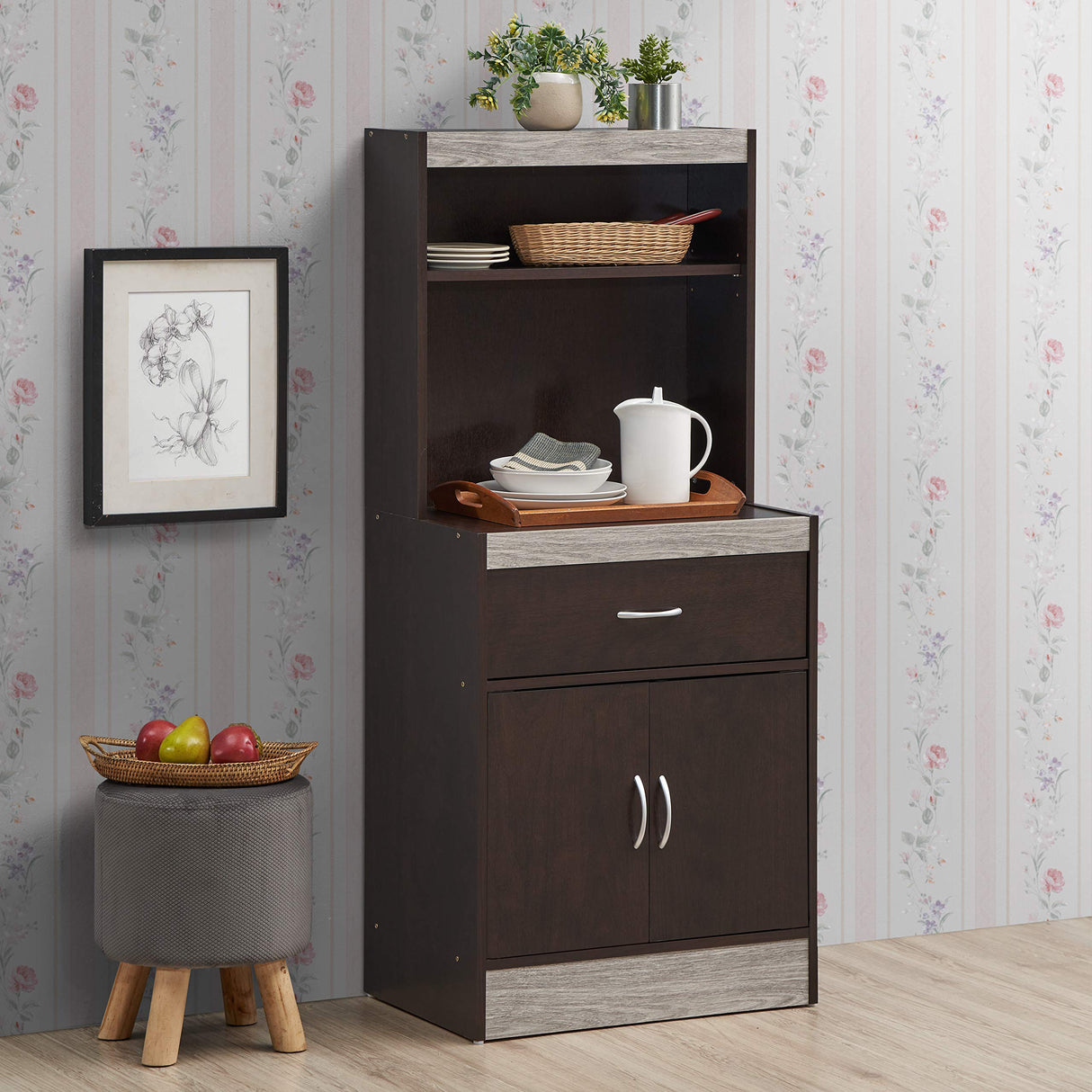 Hodedah 54"" Tall Open Shelves, 1-Drawer and Bottom Enclosed Storage, Chocolate-Grey Kitchen Cabinet Hodedah
