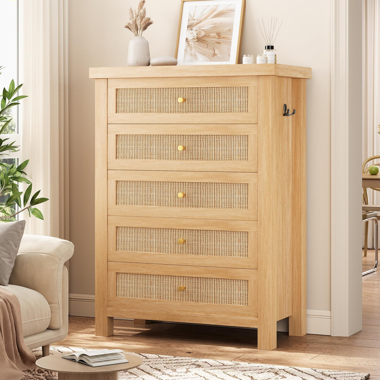Natural Rattan Dresser for Bedroom with 5 Drawers, Wood Boho Chest of Drawers with Gold Metal Handle, Matte Top Bedroom Tall Dresser with Large Drawers for Living Room, Closet, Hallway, (Nartual Oak) Jocoevol