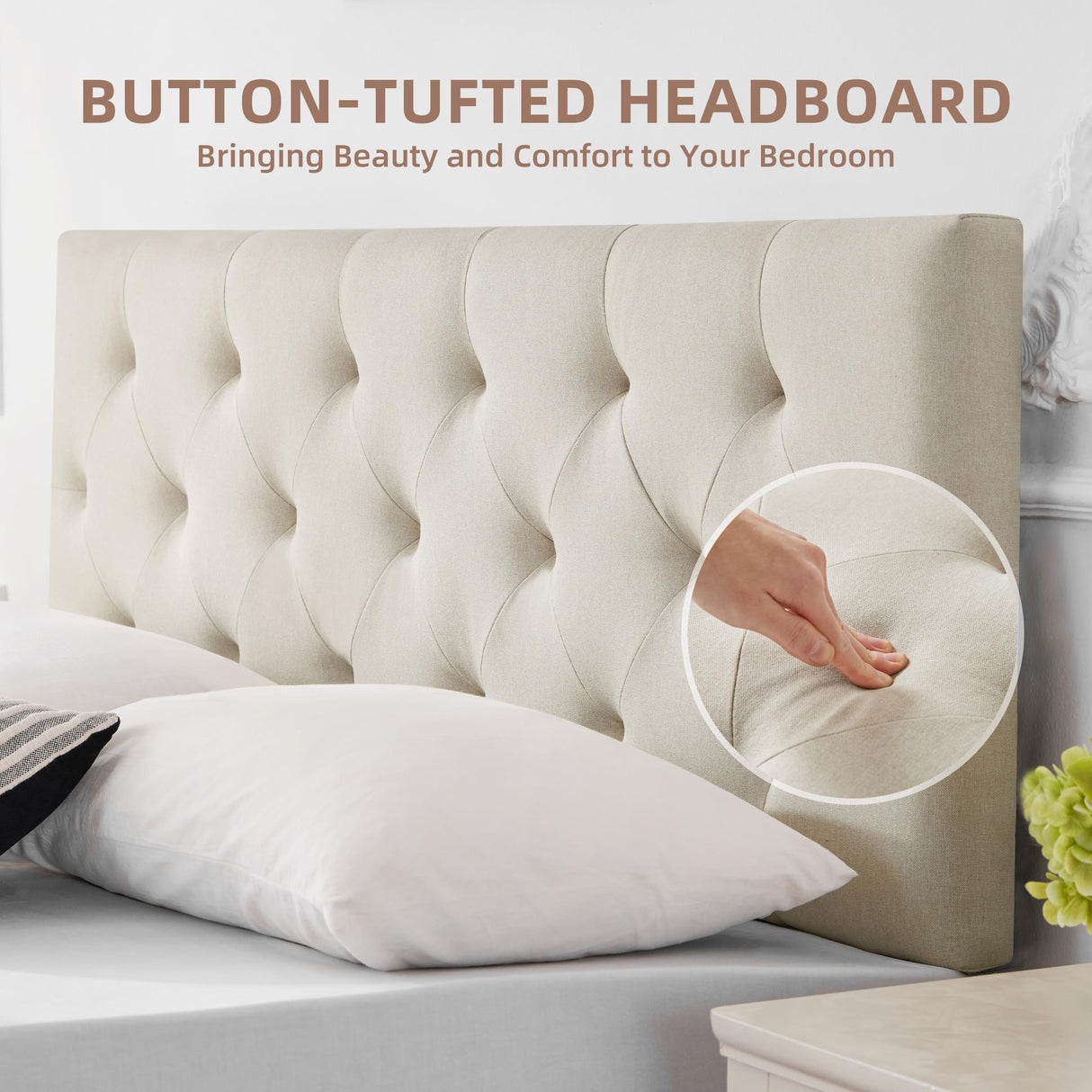 Howjoe Linen Upholstered Headboard Twin Size, Diamond Tufting Solid Wood Twin XL Headboard Only, Adjustable Height from 37” to 51” Head Board, Dorm Bed Frame or Wall Mount Headboards, Beige Howjoe