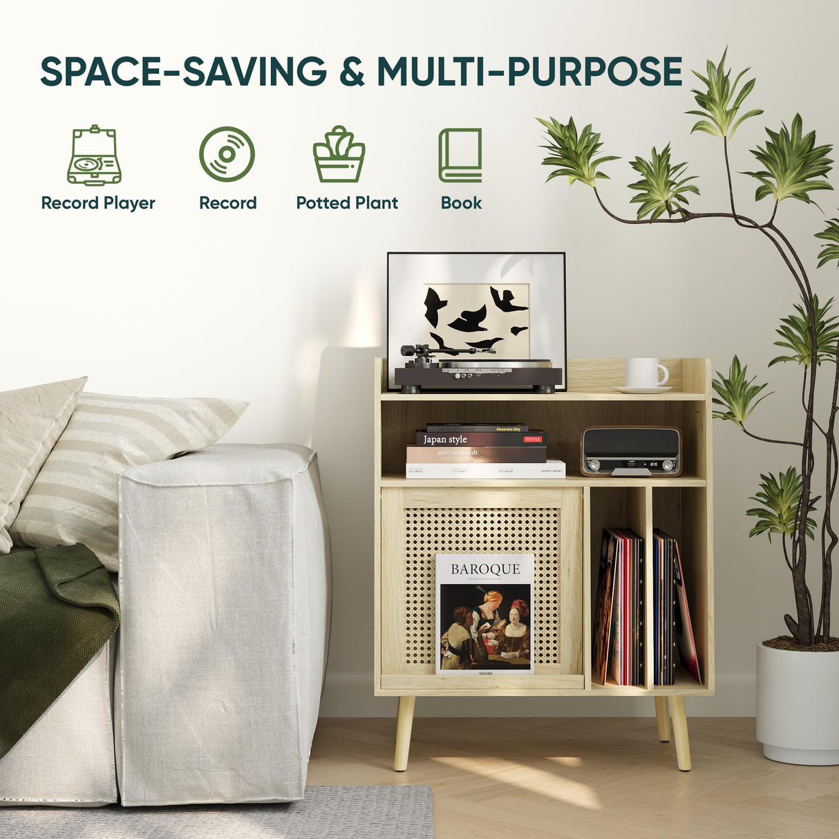 Semiocthome Record Player Stand with Vinyl Storage, Record Player Table with Storage Shelf, Turntable Stand with Rattan Cabinet Door, Side Table with Solid Wood Legs for Turntables for Living Room Semiocthome