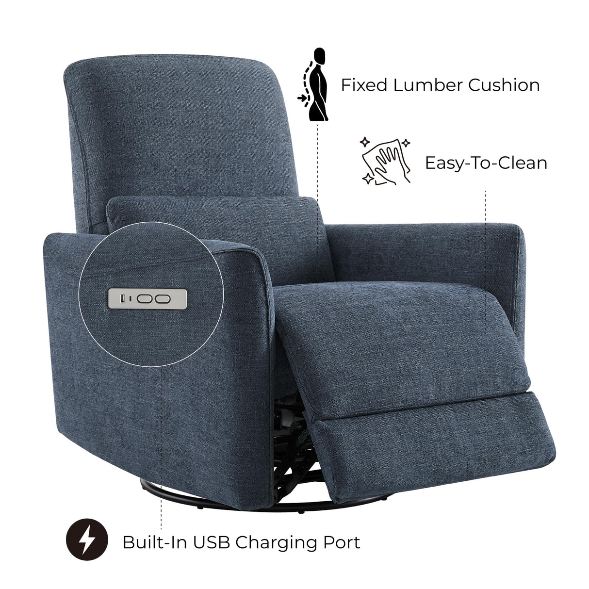 CHITA Power Recliner Chair Swivel Glider, FSC Certified Upholstered Fabric Living Room Nursery Reclining Sofa Chair with Lumbar Support, Ink Blue CHITA