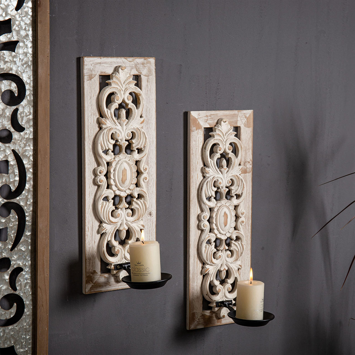 SOFE Openwork Carving Wall Candle Sconces Set of Two, Distressed Finish Wood Candle Holder Wall Decor Living Room, Rustic Farmhouse Candle Wall Sconces, Bedroom Hallway Wall Art Decoration SOFE