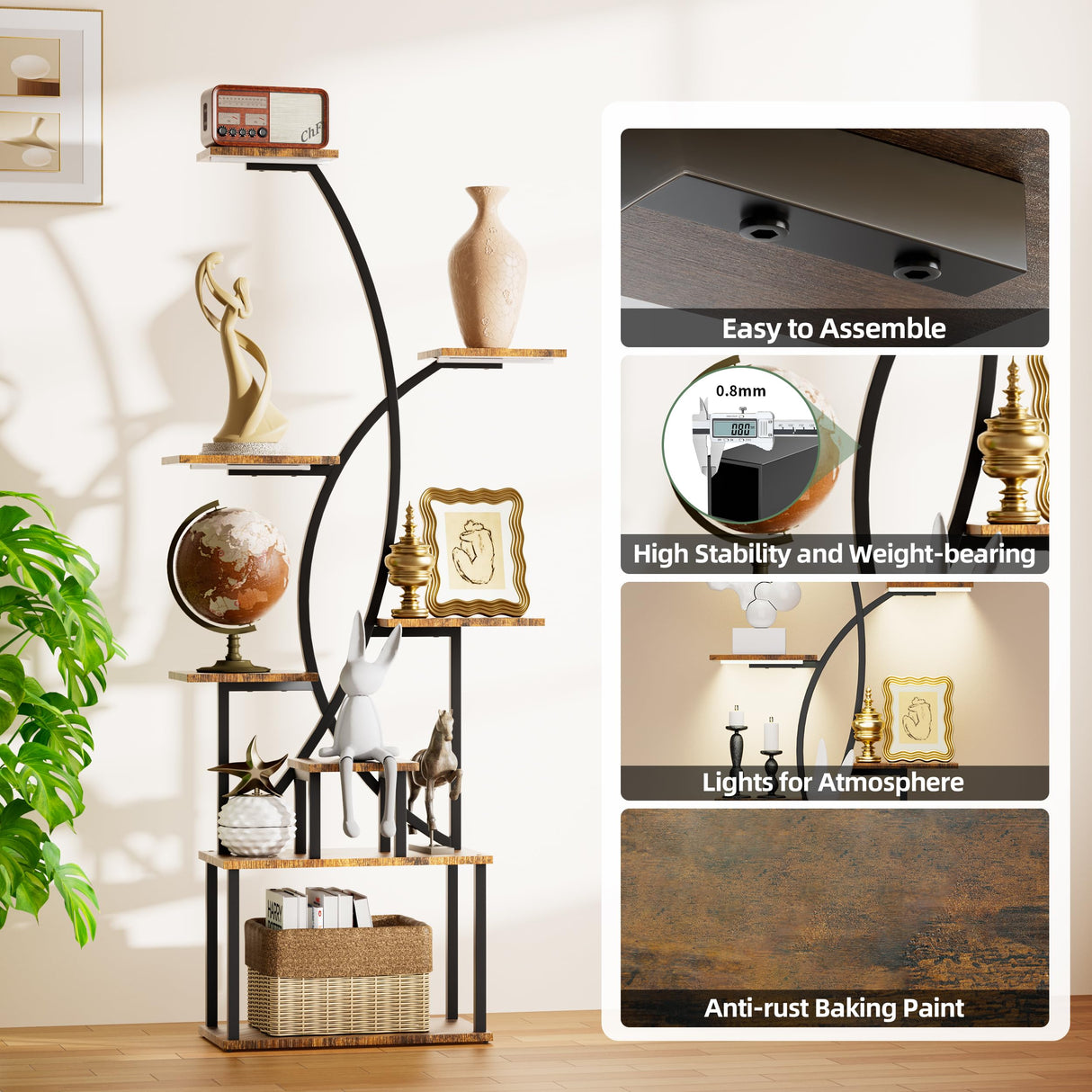 Tall Corner Shelf Stand with LED Lights, 8 Tier Bookshelf for Living Room, 65" Black Display Shelf Storage Cabinet Metal Plant Stand, Standing Rack Shelves Cases for Home Decor, Bedroom, Office JUSTOGO