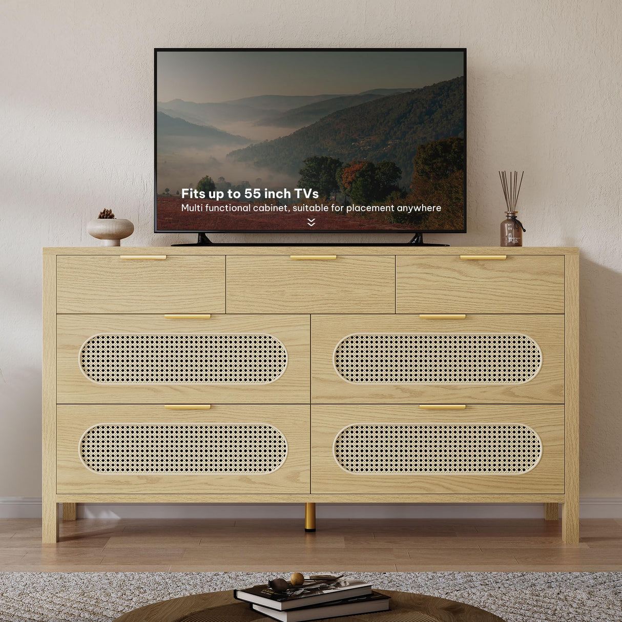 DWVO Natural Rattan 7 Drawer Dressers - Oak Wooden Dresser Chest of Drawers with Golden Handles - Modern Large Closet Boho Dressers Storage Cabinet for Living Room/Hallway/Entryway DWVO