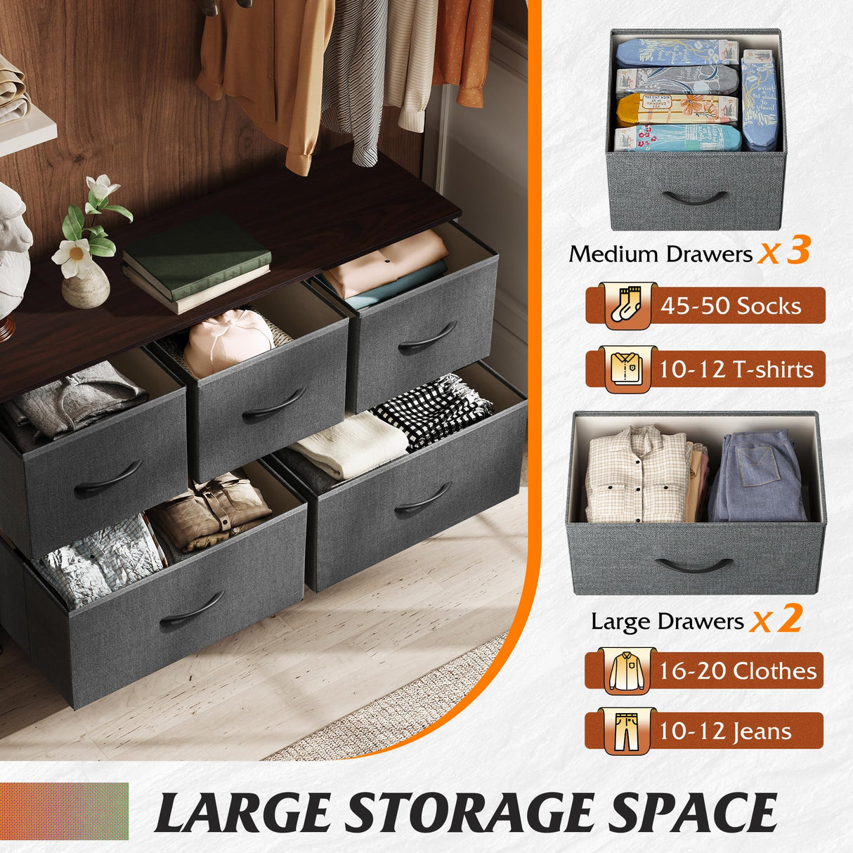 WLIVE Dresser for Bedroom with 5 Drawers, Wide Chest of Drawers, Fabric Dresser, Storage Organizer Unit with Fabric Bins for Closet, Living Room, Hallway, Dark Grey WLIVE