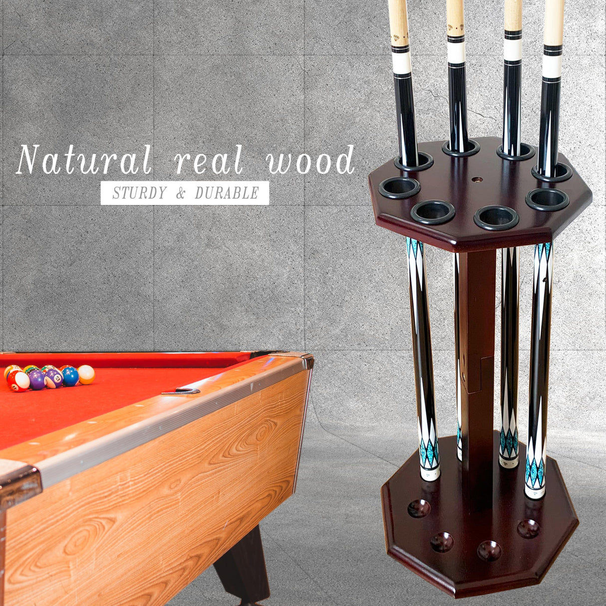 GACCO BILLIARDS Freestanding Billiard Cue Rack, Pool Table Accessories Hold 8 Cues, Pool Cue Stick Holder, Wooden Floor Stand Pool Cue Holder for Billiard Game Room (Mahogany) GACCO BILLIARDS