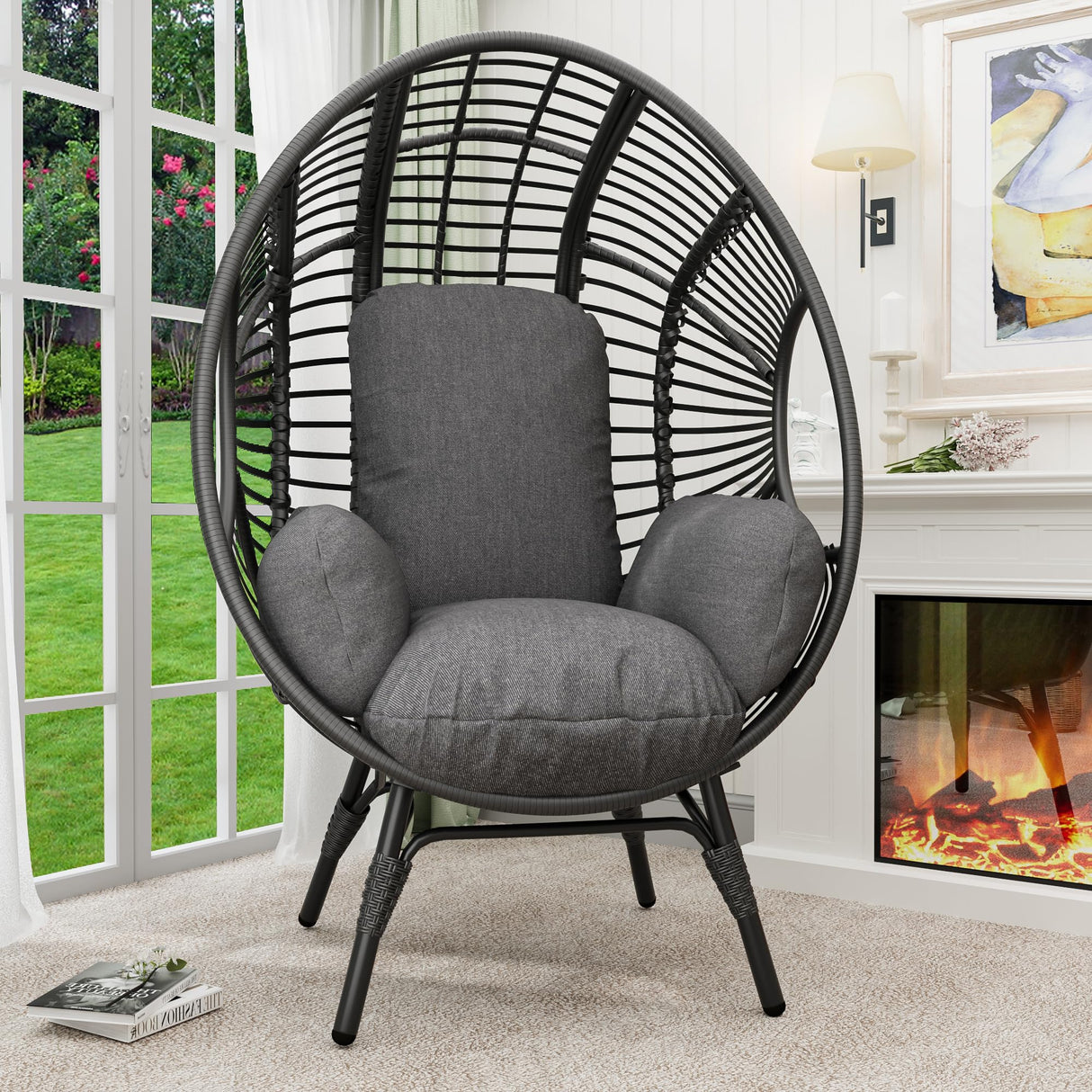 CHINNLUU Outdoor Egg Chair Wicker Oversized Egg Basket Chair with Stand Lounger Chairs with Cushion 500lbs Capacity for Patio Garden Backyard Balcony CHINNLUU