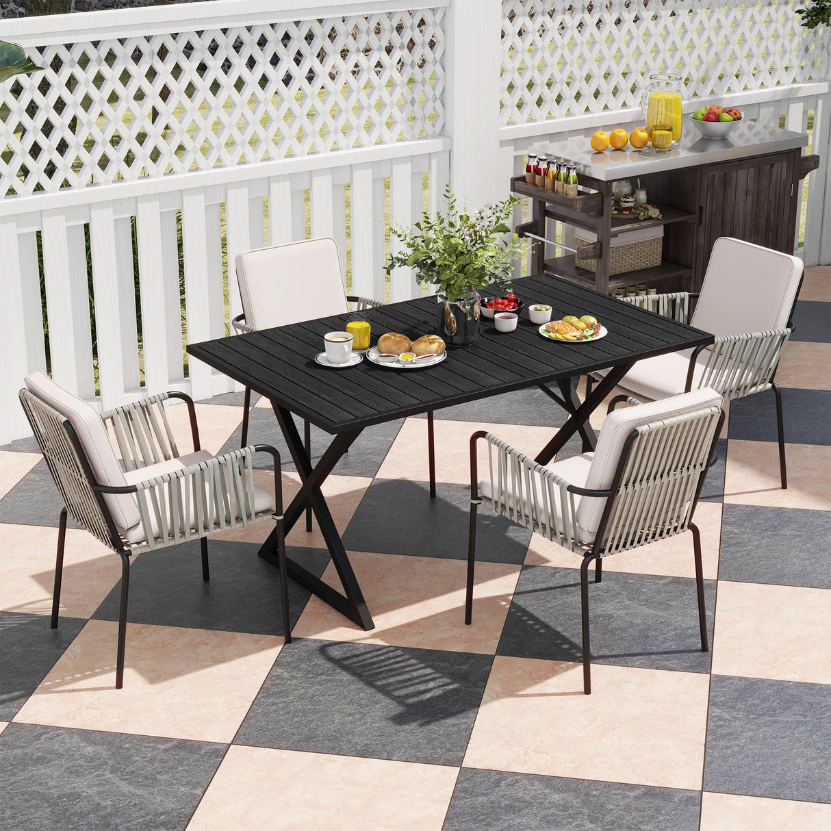 YITAHOME 5 Piece Patio Dining Set Outdoor Furniture Stackable All-Weather Comfortable Rope and Rattan Chairs Metal Frame with Faux Wood Tabletop for Courtyard Backyard Poolside Balcony, Black & Grey YITAHOME