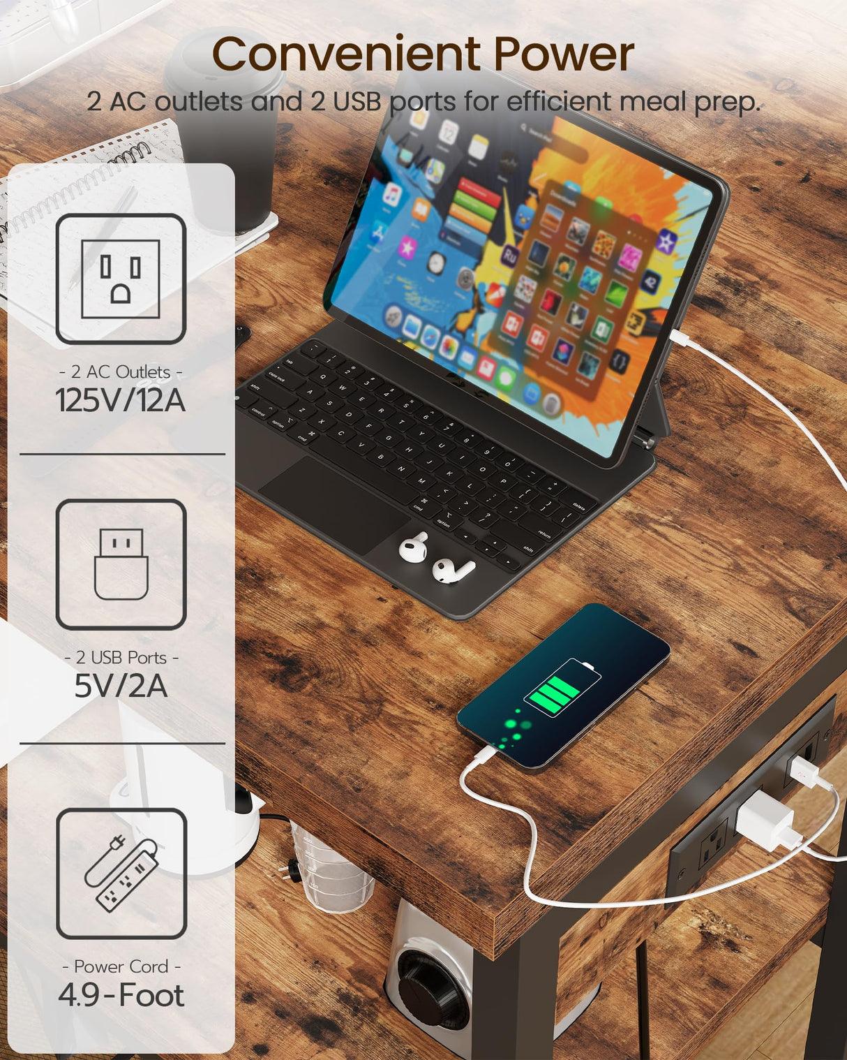 CHOEZON Kitchen Island with Power Outlet, Kitchen Island Table with Folding Top, Stationary Storage Islands, Coffee Bar with Outlets and USB Ports, for Dining Room, Rustic Brown and Black TZD01UBF CHOEZON