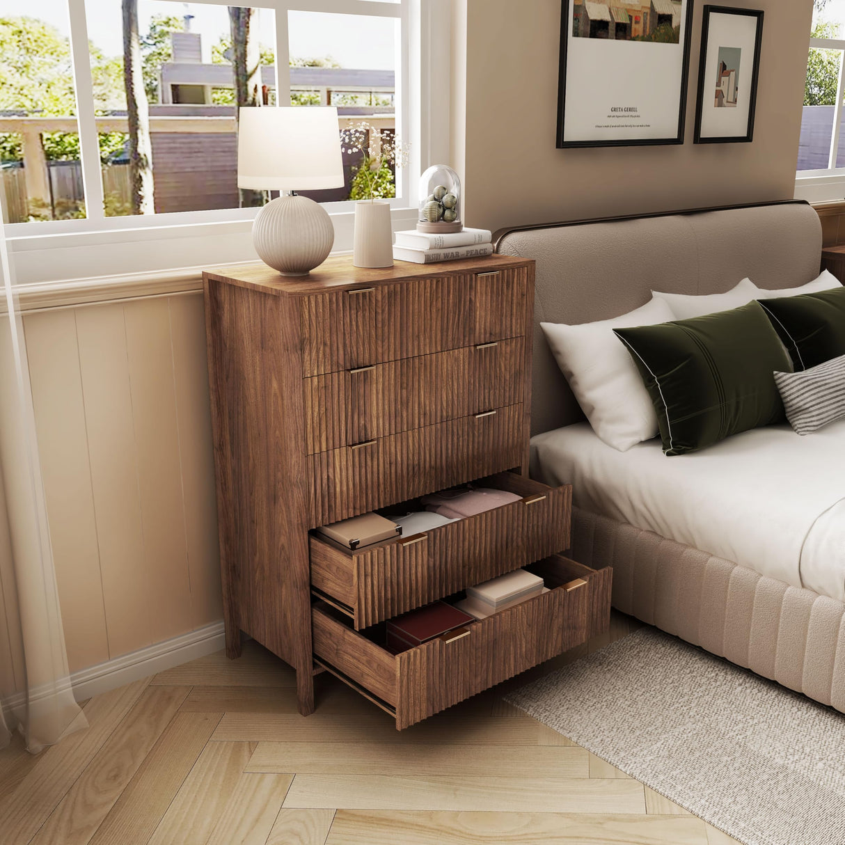 affeivul Mid Century Modern Dresser, 5 Drawer Dresser for Bedroom Wood, Farmhouse Wooden Storage Cabinet Side Table with Solid Wood Legs, Tall Skinny Nighstand for Closet, Living Room (Walnut) affeivul